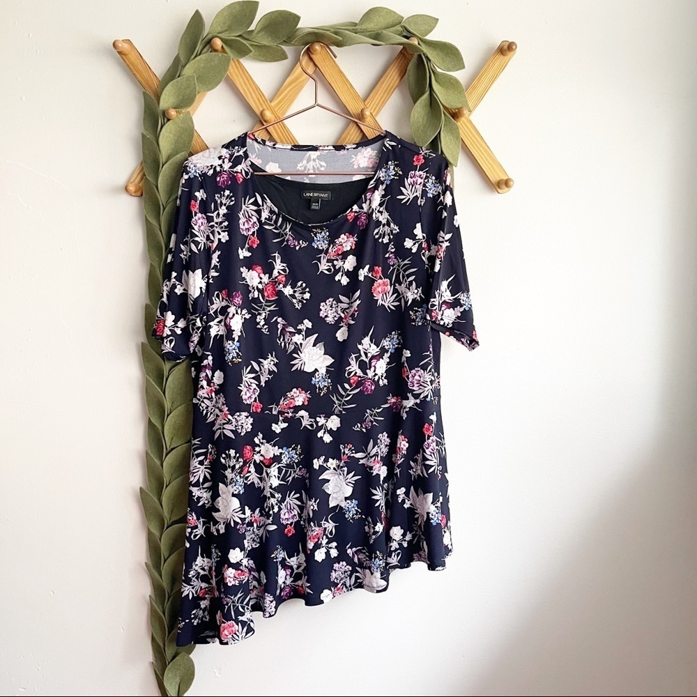 Lane Bryant Navy Floral Asymmetrical Peplum Top